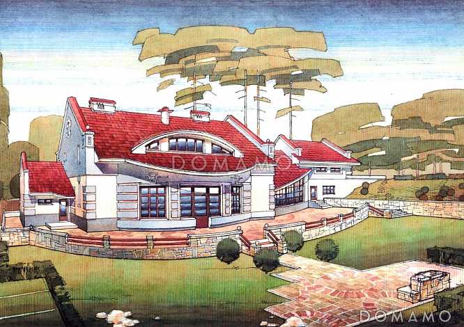 Проект двухэтажного дома с просторной гостиной, зимним садом, бассейном и кабинетом на втором этаже