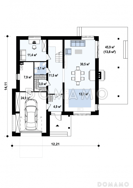 Проект просторного современного двухэтажного дома из газобетона, с четырьмя комнатами, гаражом и вторым светом над гостиной / План 1 этажа