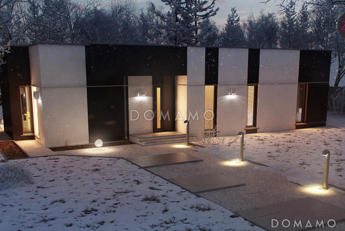 Проект современного одноэтажного дома из газобетона со светлой просторной гостиной и тремя спальнями в стиле хай-тек