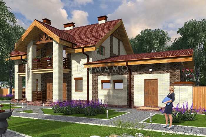 Проект дома с гаражом на две машины, просторной кухней-гостиной с выходом на террасу, гостевой спальней на первом этаже, балконами