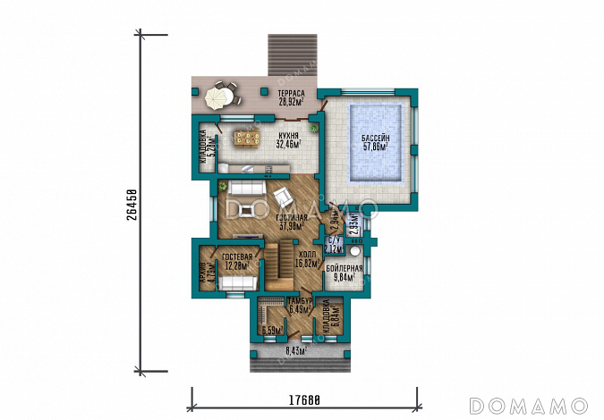Проект современного особняка с бассейном, бильярдной и открытыми балконами на третьем этаже / План 1 этажа