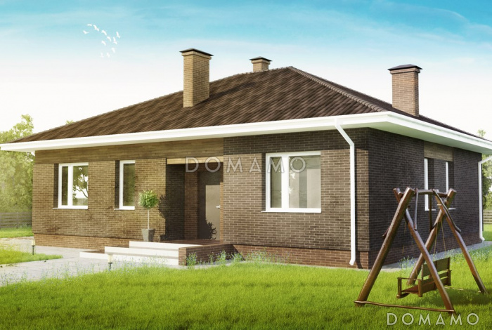 Проект компактного одноэтажного дома по технологии ЛСТК с террасой, с комбинированной отделкой