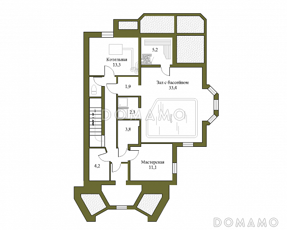Проект трёхэтажного коттеджа с гаражом, подвалом и бассейном / План цокольного этажа