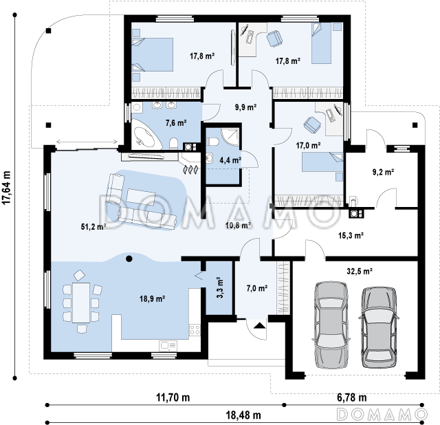 Проект одноэтажного дома из газобетона с тремя спальнями, просторной гостиной и гаражом / План 1 этажа