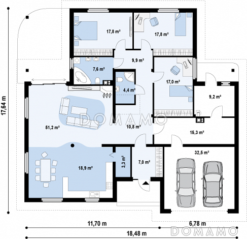 Проект одноэтажного дома из газобетона с тремя спальнями, просторной гостиной и гаражом / План 1 этажа