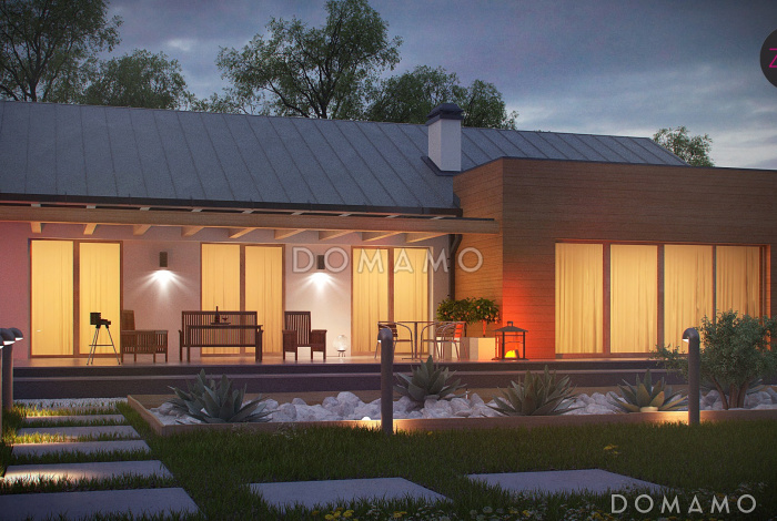 Проект просторного одноэтажного дома из кирпича с тремя спальнями и пристроенным гаражом на два автомобиля