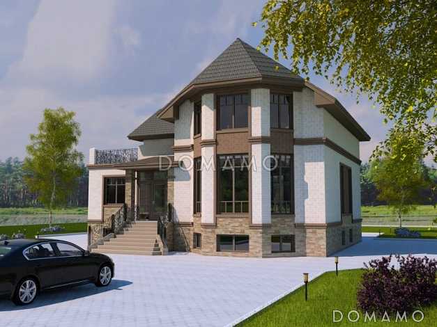 Проект двухэтажного дома с эркером и цокольным этажом, с винтовой лестницей