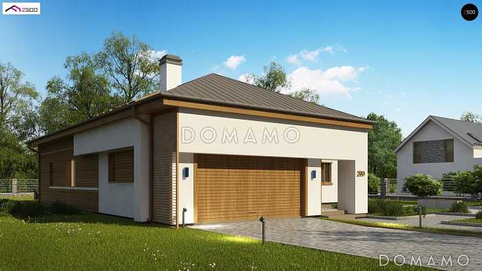 Проект одноэтажного мансардного дома из кирпича со стеклянным эркером и гаражом на два автомобиля