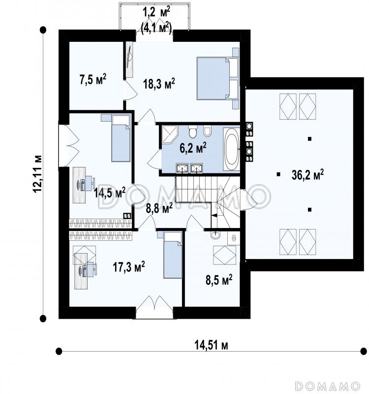 Проект загородного дома с гаражом, просторной гостиной, французскими балконами, чердаком / План мансардного этажа