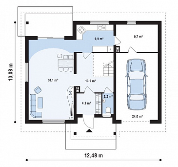Проект классического мансардного дома из кирпича со встроенным гаражом / План 1 этажа