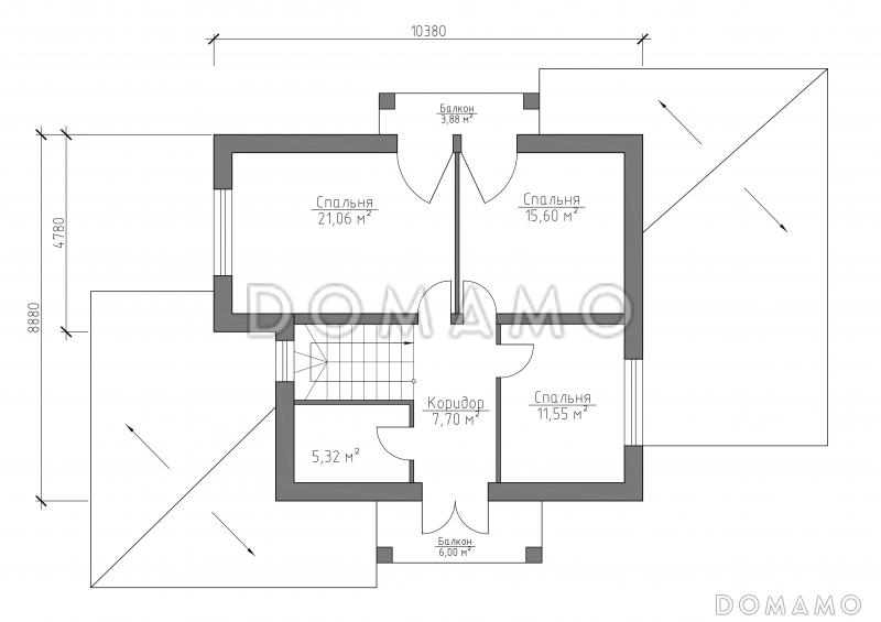 Проект дома с использованием трёх видов отелочных материалов, с навесом для автомобиля и террасой / План мансардного этажа