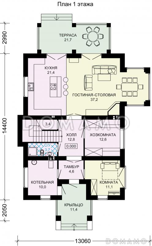 Проект двухэтажного дома из пеноблоков с выходом на террасу из просторной гостиной / План 1 этажа