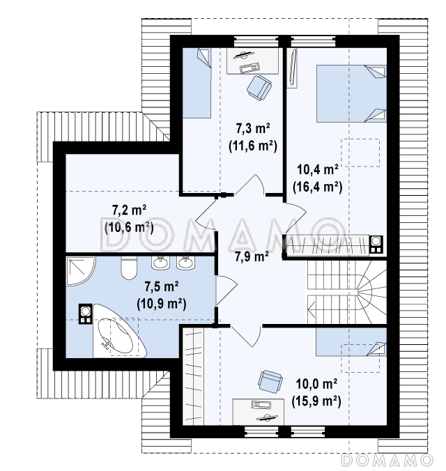 Проект одноэтажного мансардного дома из кирпича с дополнительной спальней на первом этаже / План мансардного этажа