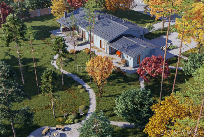 Проект кирпичного дома с 3 спальнями, крытой и открытой террасами, навесом для автомобиля