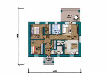 Проект компактного одноэтажного дома с общей вальмовой кровлей над входной группой и террасой и комбинированной отделкой фасада декоративной штукатуркой и планкеном / План 1 этажа