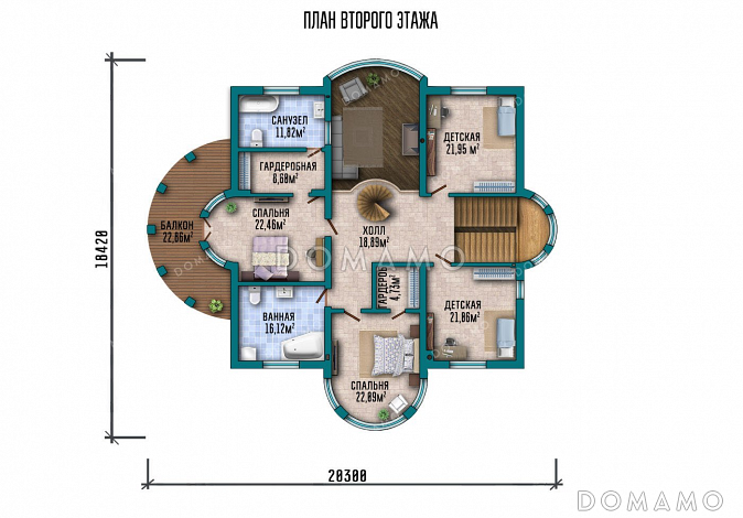 Проект двухэтажного дома с мансардой, четырьмя спальнями и балконом / План 2 этажа