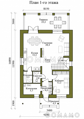 Проект двухэтажного газобетонного дома с крытой террасой и четырьмя спальнями на втором этаже / План 1 этажа