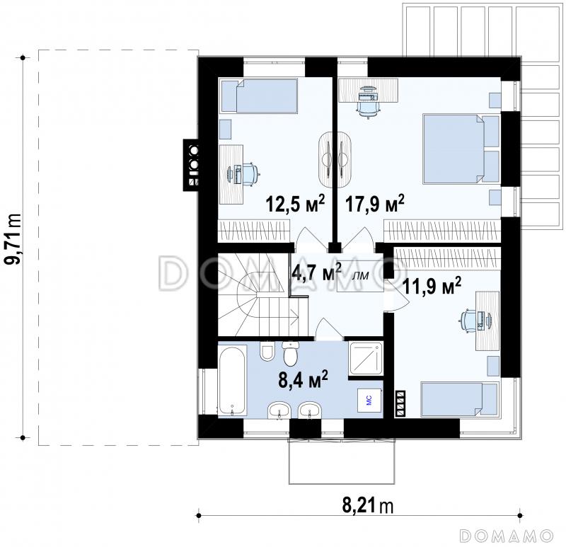 Проект современного двухэтажного дома из кирпича с тремя спальнями и пристроенным гаражом / План 2 этажа
