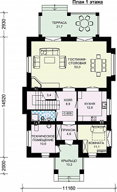 Проект просторного кирпичного дома с крытой террасой у гостиной / План 1 этажа