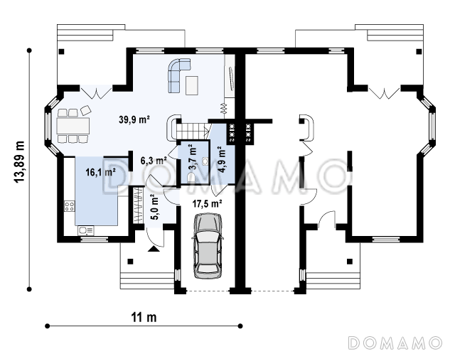 Проект двухэтажных домов-близнецов из кирпича с гаражом и чердаком / План 1 этажа