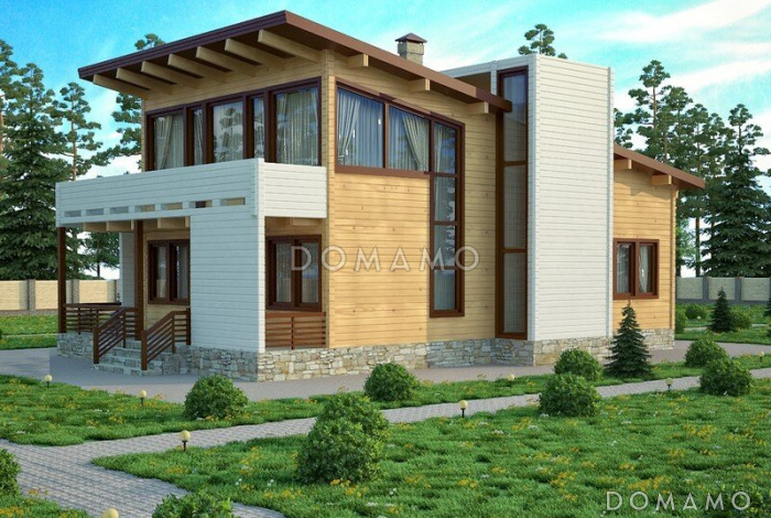 Проект современного дома из клееного бруса с односкатной крышей