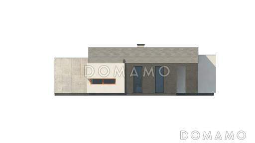 Проект современного одноэтажного дома из кирпича с плоской крышей с тремя спальнями, частично крытой террасой и одноместным гаражом / Фасад 1