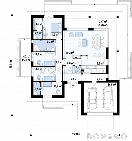 Проект одноэтажного дома с подвалом, гаражом на две машины, панорамным остеклением  гостиной / План 1 этажа