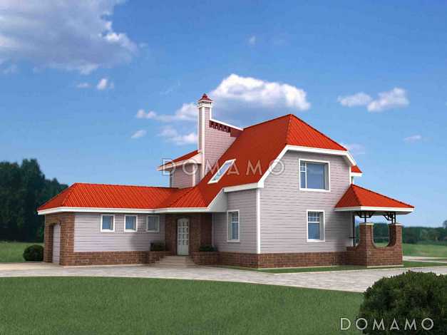 Проект коттеджа с гаражом, террасой и подвалом