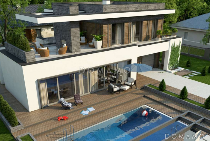 Проект современного двухэтажного дома из кирпича с панорамным остеклением и просторной террасой на втором этаже