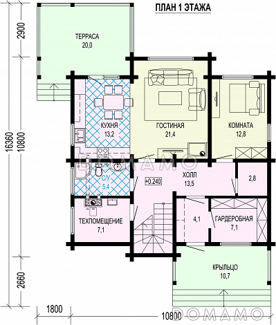 Проект двухэтажного деревянного дома с мастер-спальней и крытой террасой / План 1 этажа