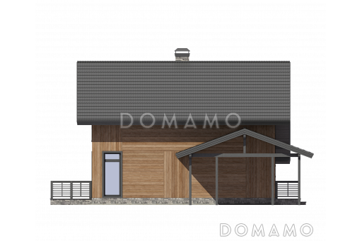 Проект дома из газобетона с большой террасой и навесом для автомобиля / Фасад слева