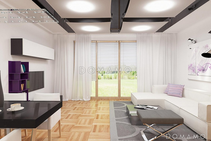 Проект одноэтажного дома из газобетона с оригинальной открытой террасой по периметру и с жилой мансардой