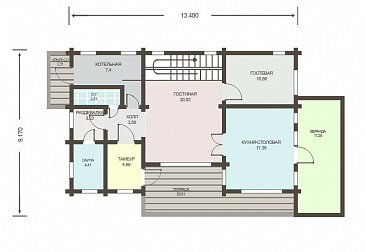 Проект деревянного дома из клееного бруса с отдельным входом в котельную / План 1 этажа