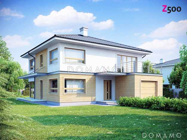 Проект двухэтажного дома из газобетона с четырьмя спальнями и удлинённым двухместным гаражом