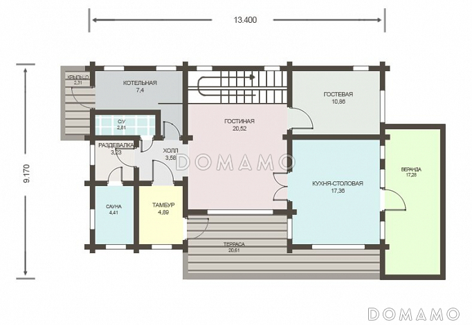 Проект деревянного дома из клееного бруса с отдельным входом в котельную / План 1 этажа