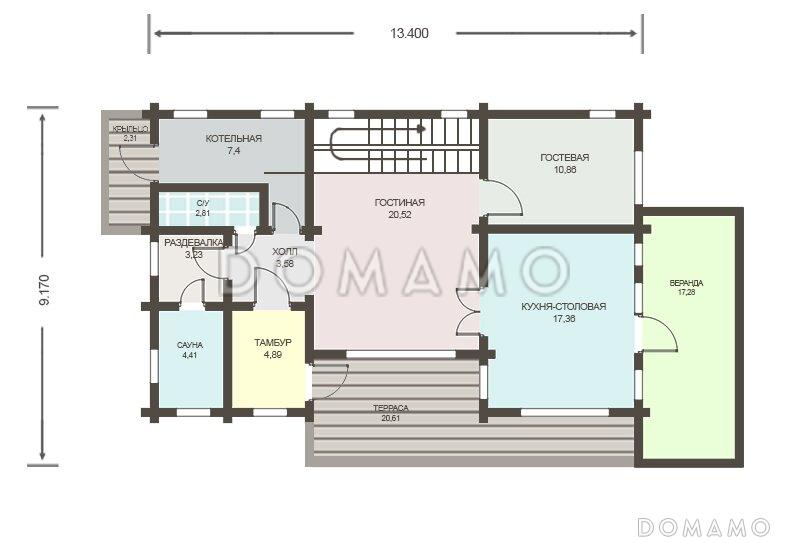 Проект деревянного дома из клееного бруса с отдельным входом в котельную / План 1 этажа
