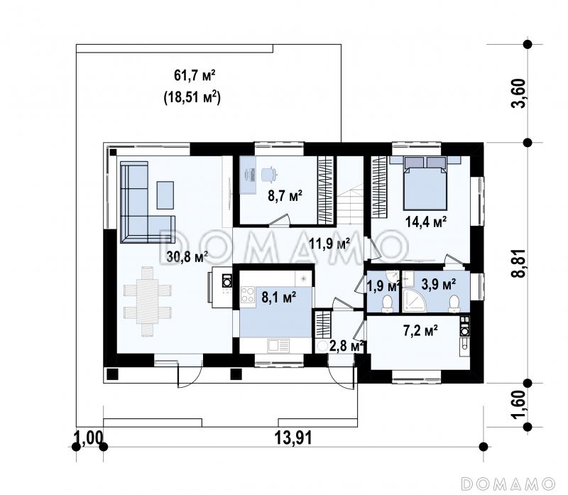 Проект дома с изолированной кухней, комнатой на первом этаже с санузлом, мастер-спальней на втором этаже / План 1 этажа