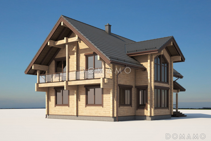 Проект дома из бруса с 4 спальнями, террасой, балконом и вторым светом