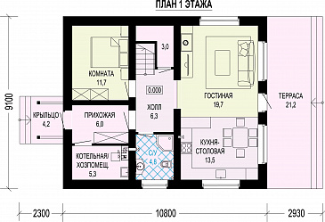 Проект двухэтажного дома из газобетона и бруса с балконом на две комнаты и террасой / План 1 этажа