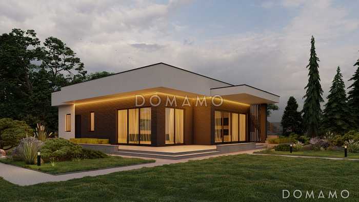 Проект одноэтажного просторного дома в стиле хай-тек с эксплуатируемой кровлей и просторной террасой