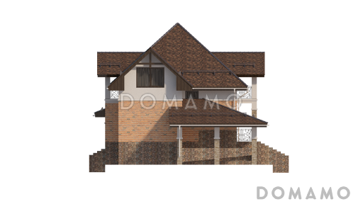 Проект дома с использованием трёх видов отелочных материалов, с навесом для автомобиля и террасой / Фасад 2