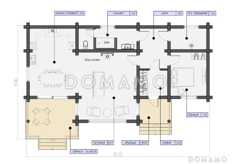 Проект бревенчатого дома с одной спальней, кухней-столовой и просторной гостиной с камином / План 1 этажа
