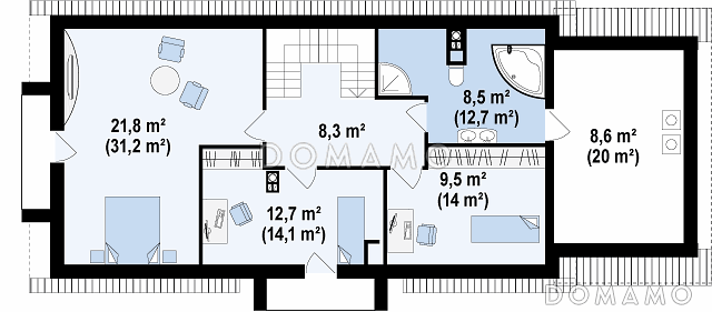Проект мансардного дома из газобетона с гаражом, прямоугольным эркером и двумя балконами / План мансардного этажа