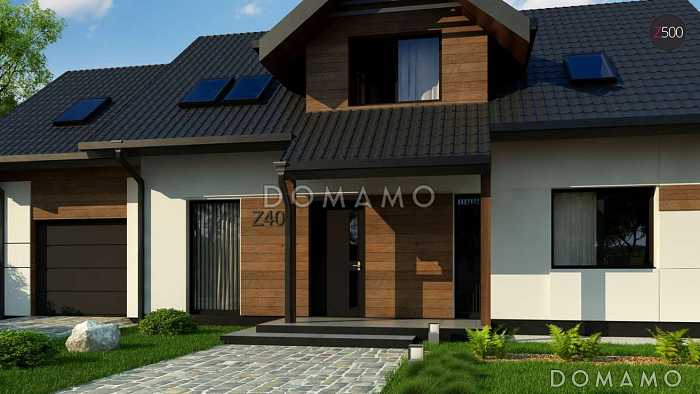 Проект одноэтажного мансардного дома из кирпича с кабинетом, балконом и гаражом