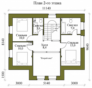 Проект двухэтажного кирпичного дома со вторым светом, просторной крытой террасой и сауной / План 2 этажа