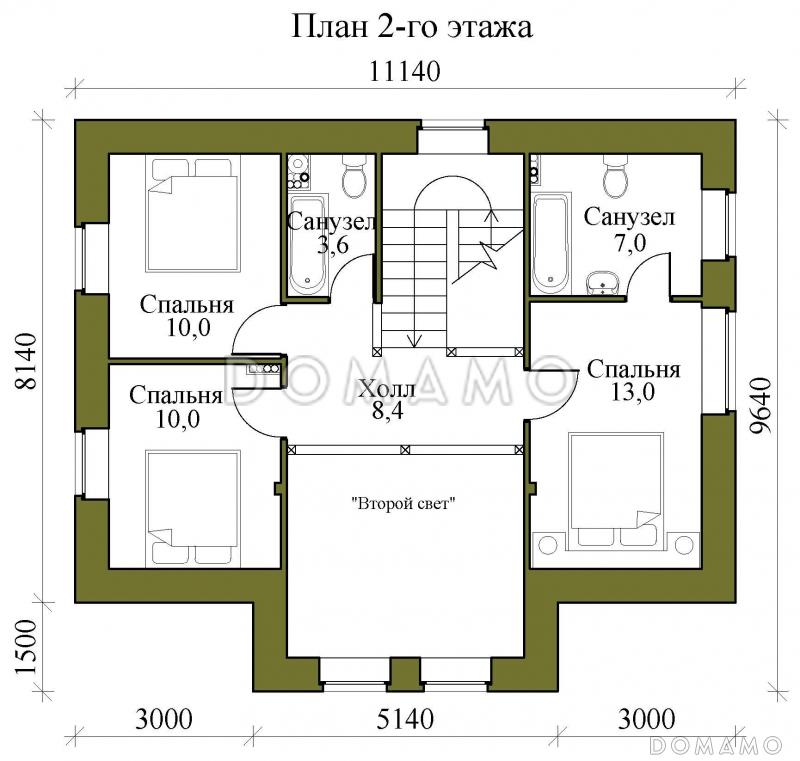 Проект двухэтажного кирпичного дома со вторым светом, просторной крытой террасой и сауной / План 2 этажа