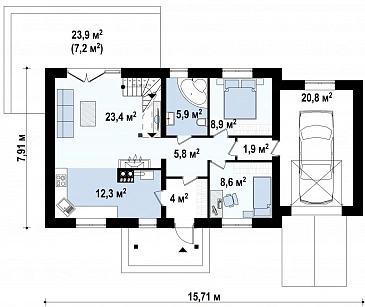 Проект одноэтажного дома из газобетона с тремя спальнями на мансардном этаже и гаражом  / План 1 этажа