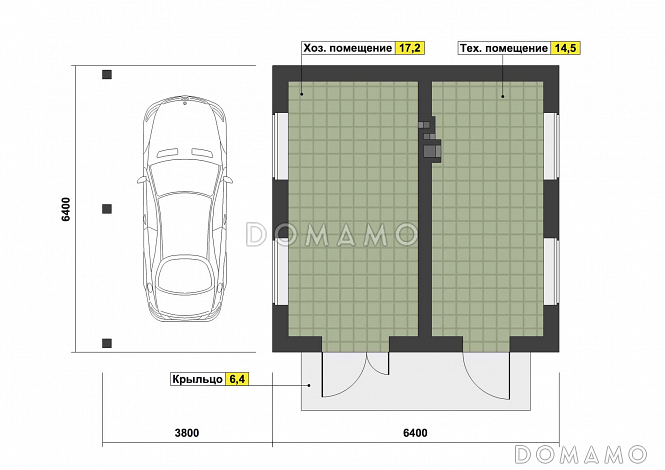 Проект навеса на один автомобиль с техническим и хозяйственным помещениями / План 1 этажа