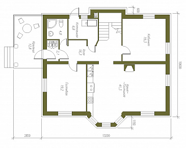 Проект двухэтажного коттеджа из СИП панелей с четырехскатной кровлей / План 1 этажа