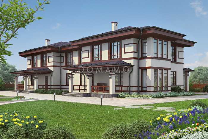 Проект двухэтажного дома на два хозяина с верандой и отдельным входом для каждой семьи